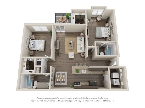 Floor plan for 2 beds, 2 baths, 1013 sqft